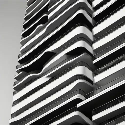 Prompt: a beautiful skyscraper, in high resolution black and white, with balconies and lines, contemporary architecture, minimalism aesthetic, tall , many floors,