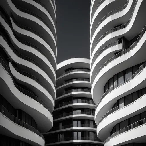 Prompt: high-resolution black and white photo of a a modern architecture buildings with a round facade. There is another, smaller,  facing each other. The buildings have multiple balconies and lines , all equals. minimal aesthetic. the background and is completely dark and black. the white color is bright. all impressive, and the skyscraper is tall with many floors