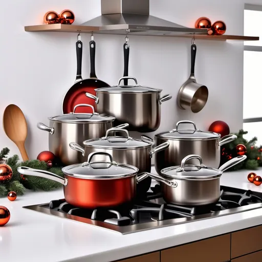 Prompt: (stainless steel cookware), (high quality), attractive Christmas offer, festive atmosphere, warm and inviting lighting, elegant design, glossy metallic finish, vivid color palette, enticing kitchen setup, beautifully arranged pots and pans, holiday decorations, ultra-detailed, 4K resolution, captivating composition perfect for promotional display