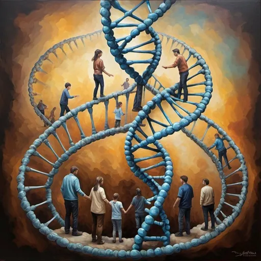 Prompt: dna helix with people in the strands in an oil painting style