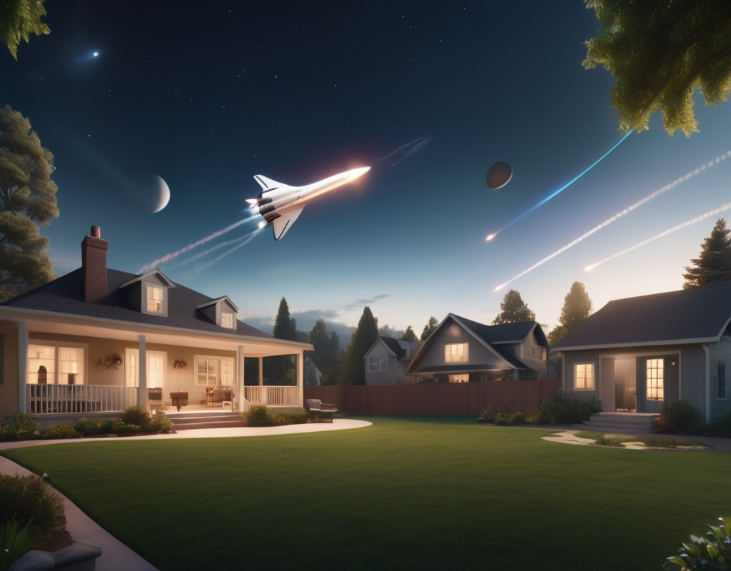 Prompt: first person view, depicts American homes, and a space plane lands in the backyard, shooting its beam in preparation for something to land, making it exciting and suspenseful cinematic scene