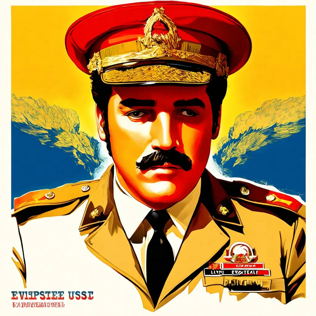 Prompt: Propaganda poster style illustration of Elvis Presley in USSR uniform, Stalin-esque imagery, vintage propaganda, high quality, detailed, realistic, cold war era, bold colors, dramatic lighting, powerful stance, military hat, red and gold accents, stern expression, retro vintage, iconic figure, historic, propaganda art, vintage, strong presence, symbolic, USSR, bold composition