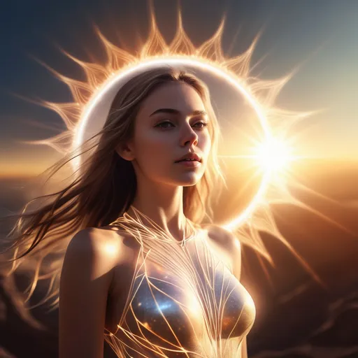 Prompt: imagen / a view of a beautyfull  young woman dressed in light with a beautifull aura s around her with her hara connected to the centre of the earth with the Sun rising in the distance
   ///  /digital artwork / ultra realism  / stunning image / --ar 16:9 --V5 /8K