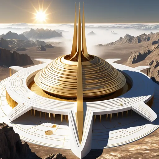 Prompt: create/ a profile view of a  Gigantic Modern 2024  Solar Complex open to the Sun designed  in White  and gold. The Solar Temple Complex is spread out over several miles  high on the mountains in the midday sun carved out of exquisite  natural stone and insanely detailed/digital art / 8 K / real life realism /