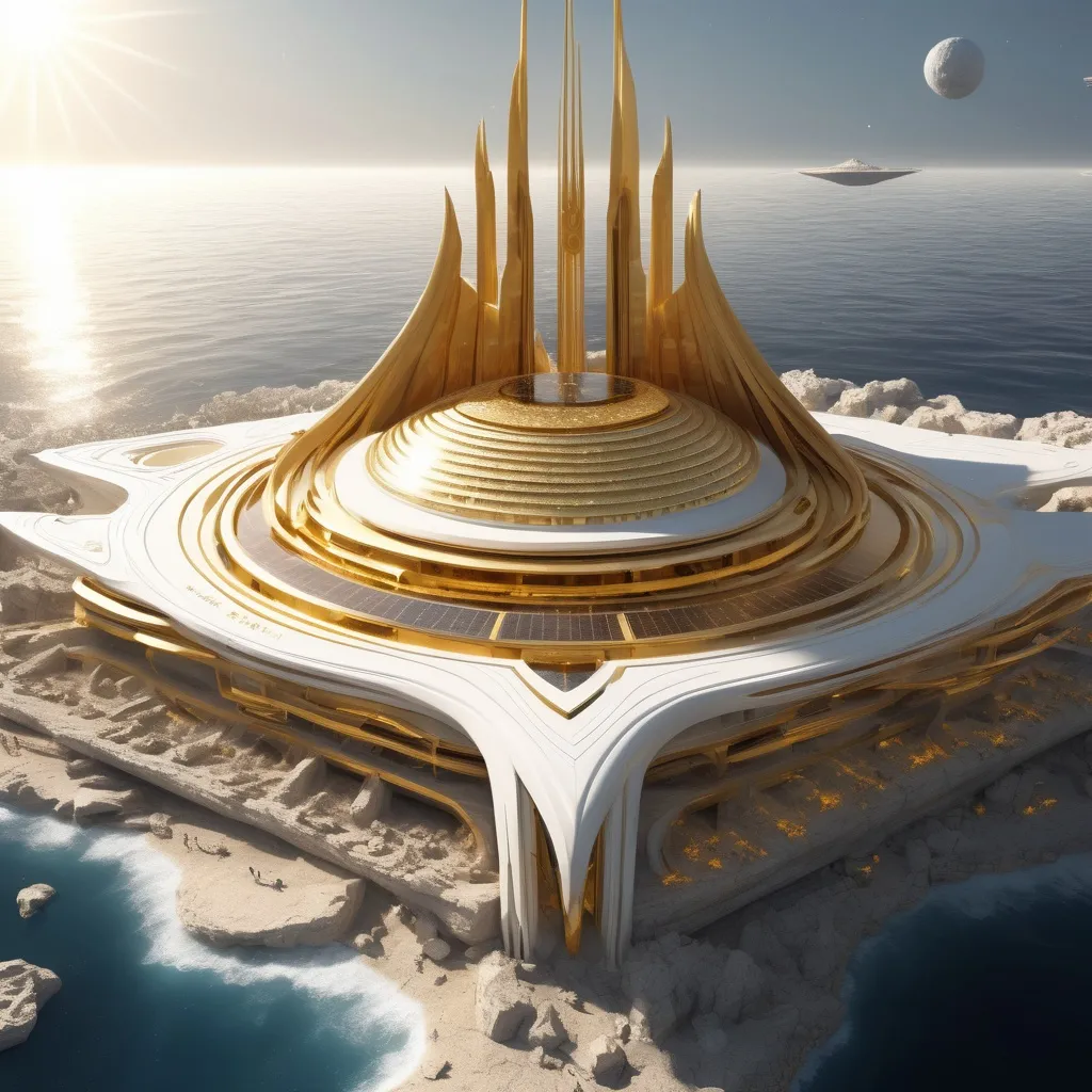 Prompt: create/ a profile view of a  Gigantic Modern 2024  Solar Complex open to the Sun designed in White and gold. The Solar Temple Complex dedicated to God I AM  out over several miles  on the sea floor in carved out of exquisite  natural stone and insanely detailed/digital art / 8 K / real life realism /