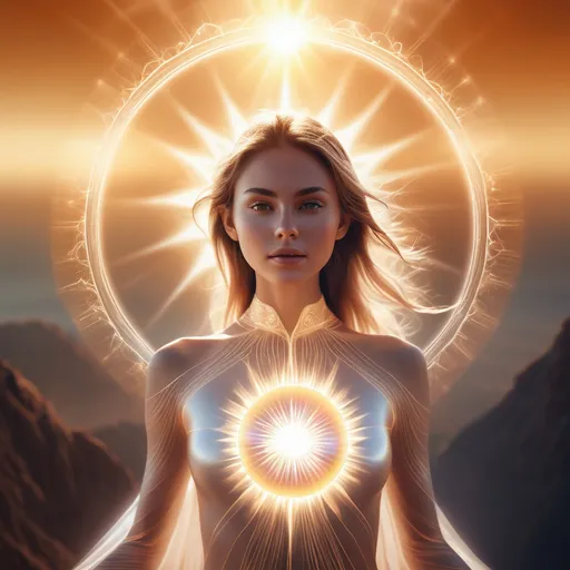 Prompt: imagen / a view of a beautyfull  young woman dressed in light with a beautifull aura s around her with her hara connected to the centre of the earth with the Sun rising in the distance
   ///  /digital artwork / ultra realism  / stunning image / --ar 16:9 --V5 /8K