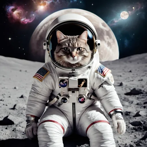 Prompt: Cat with an astronaut suit sitting on the moon looking into the galaxy