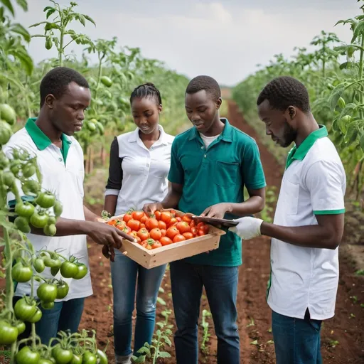 Prompt: group of young African agronomist engineers working in a tomato field