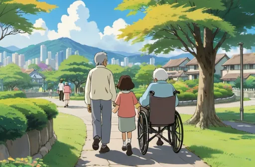 Prompt: 2d studio ghibli anime style, the images shown that family caregivers caring for their relatives in a community setting. 

family caregivers are walking with their elderly, and the elderly may sit in wheelchair, and enjoy the scenery and talking with each other.

She takes caring for their relatives in a park-like environment, with trees and paths. The background is a serene landscape with city ​​view, trees, and a body of water.