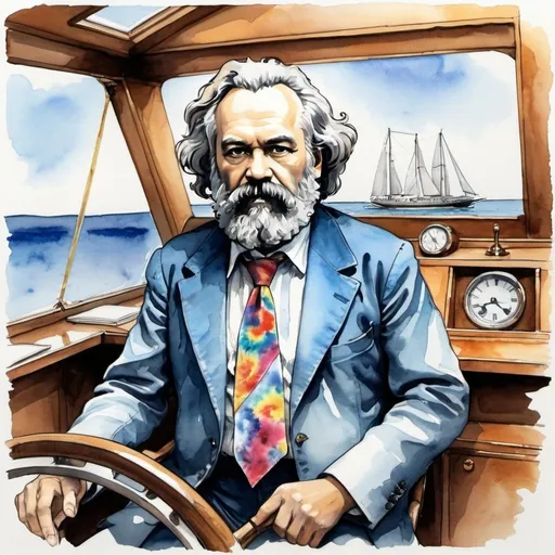 Prompt: create an ink and watercolor drawing of Karl Marx wearing a tie die shirt at the wheel of a luxury yacht; in the style of Salvador Dali.