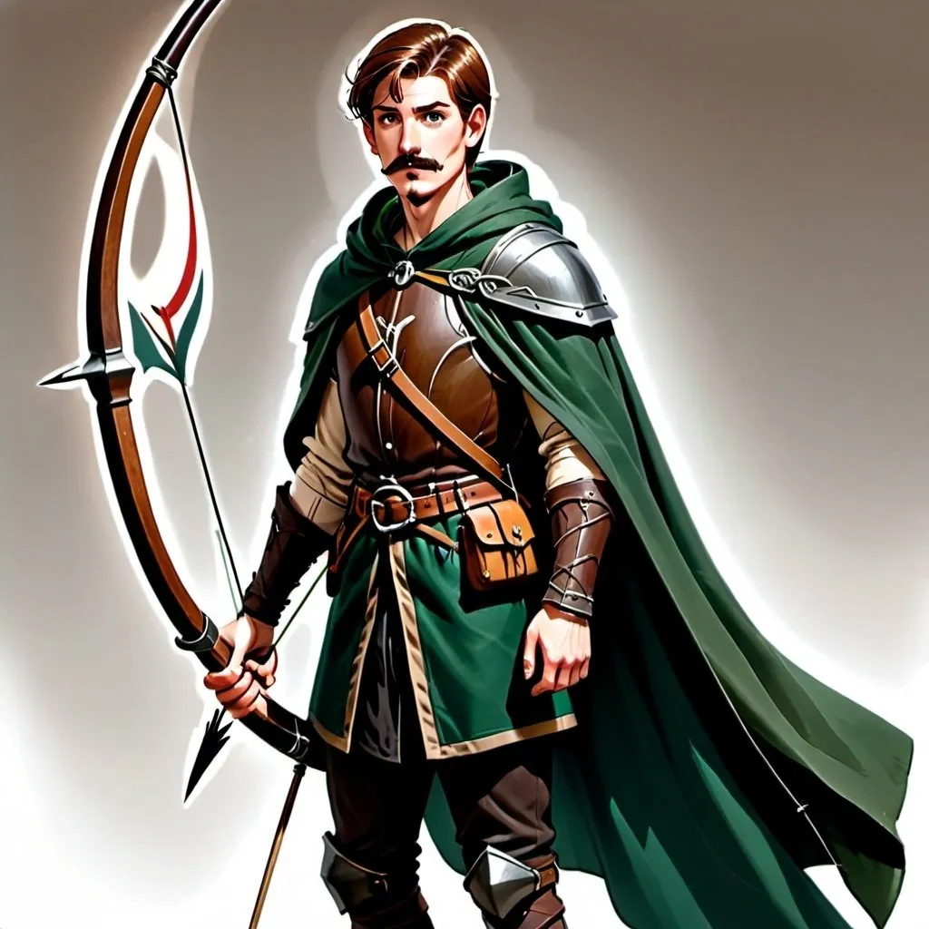 Prompt: Tall human male with athletic build. Short brown hair with mustache.. in dark rangers garb holding an English longbow with a dark green cloak and a quiver of arrows on his back. Brown gambeson armor 