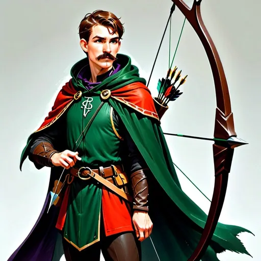 Prompt: Tall human male with athletic build. Short brown hair with mustache.. in rangers garb holding a longbow with a dark green cloak and a quiver of arrows on his back