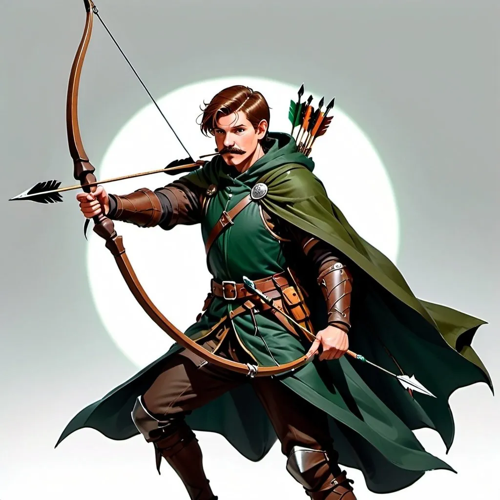 Prompt: Tall human male with athletic build. Short brown hair with mustache.. in dark rangers garb holding an English longbow with a dark green cloak and a quiver of arrows on his back. Brown gambeson armor 