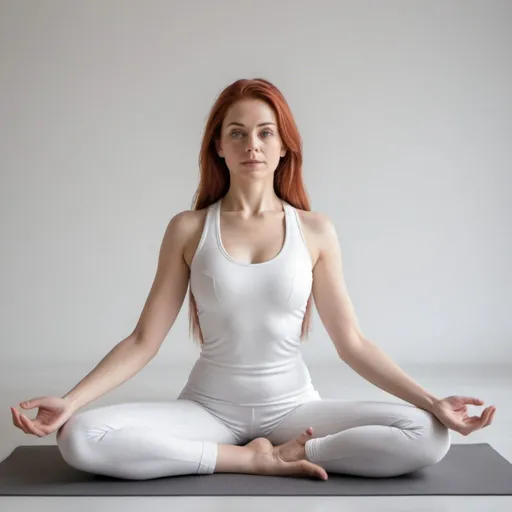 Prompt: crea una imagen fotorealista de una mujer pelirroja con traje de neopreno blanco practicando yoga