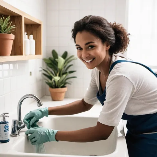 Prompt: Create a woman scrubbing a sink, the woman's skin should be dark, the sink shouldn't be too dirty, it has to look like the lady is happy with her work