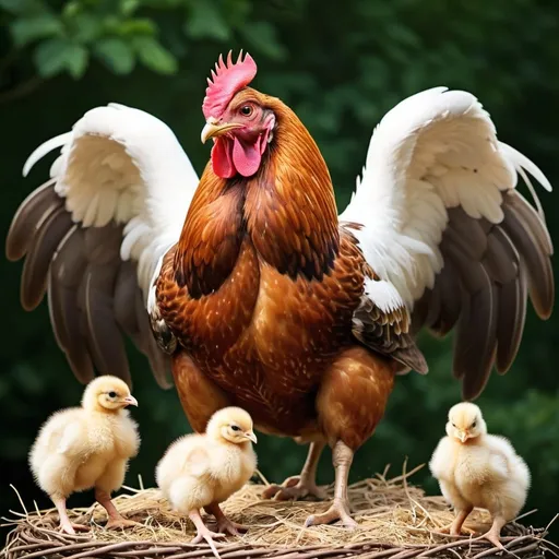 Prompt: A mother hen standing over her three chicks with her wings open widely protecting her chicks from eagle. The image should focus on warm, soft lighting that evokes a sense of nurturing. The hens should be captured in close-up shots that emphasize the tender connection between the mother and her chicks. The scene should be set in a rural environment, displaying the simplicity of farm life. The design should hint at the effect of a 50mm lens shot on a traditional film camera, enhanced with a vintage filter to further evoke nostalgia.