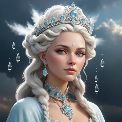 Prompt: The benevolent cloud queen, adorned with raindrops and sunlight, looks hopefully at Pip. (Style: Majestic, benevolent)
