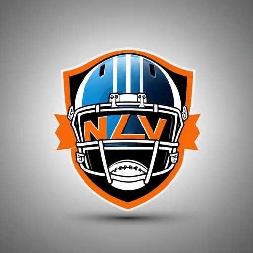 Prompt: (logo design) for "NLV Football Club", vibrant (orange) with (black) and (blue) accents, sleek, modern, and professional style, eye-catching sports emblem, incorporating American football imagery such as a football or helmet, high-quality, dynamic design, bold typography that conveys energy and spirit, perfect for a team identity.