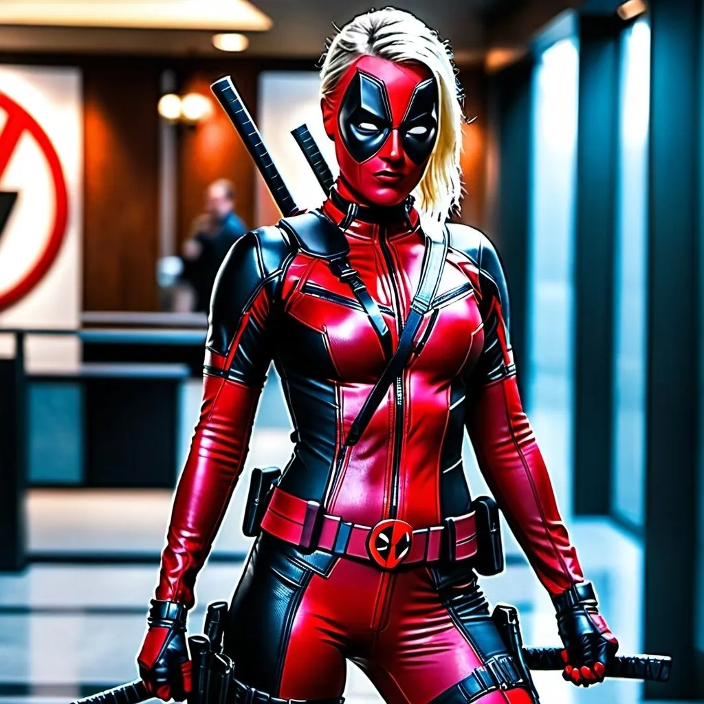 Prompt: High-resolution hyperrealistic photo of Margot Robbie as Female Deadpool uhd, hdr, 64k, Full Body. 
