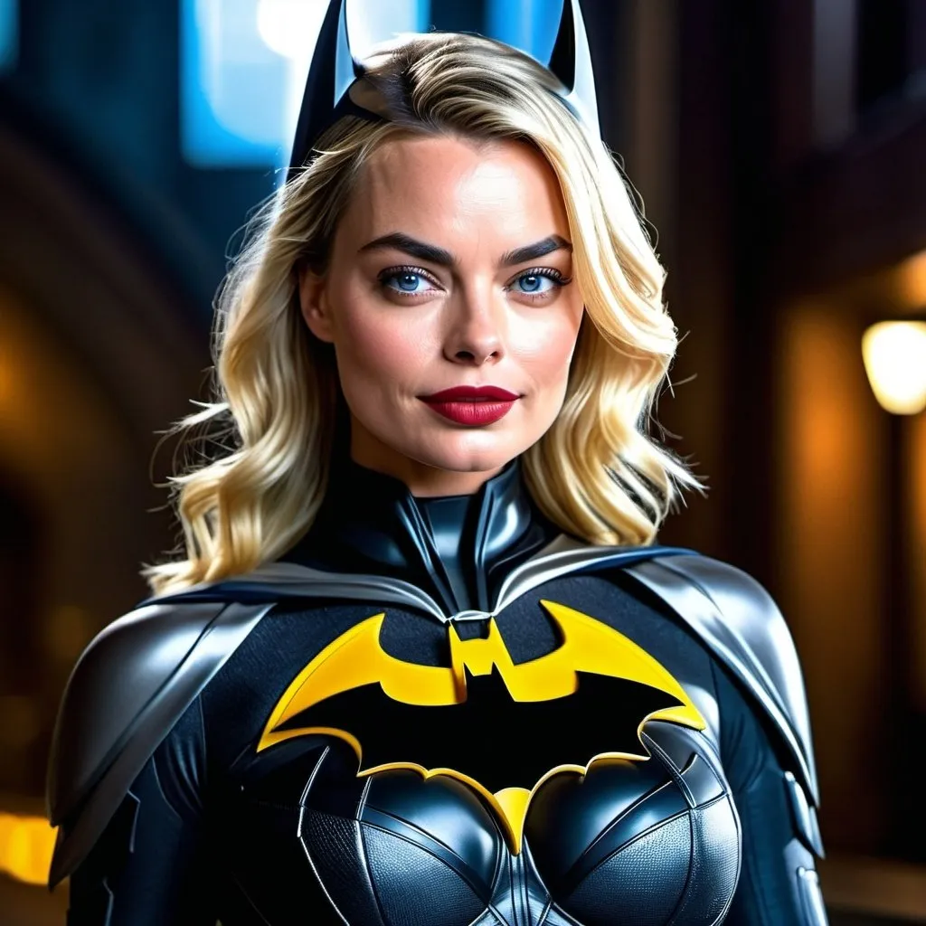 Prompt: High-resolution hyperrealistic photo of Margot Robbie as Female Batman uhd, hdr, 64k, Full Body. 
