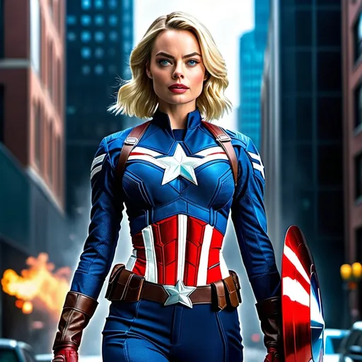 Prompt: High-resolution hyperrealistic photo of Margot Robbie as Female Captain America uhd, hdr, 64k, Full Body. 
