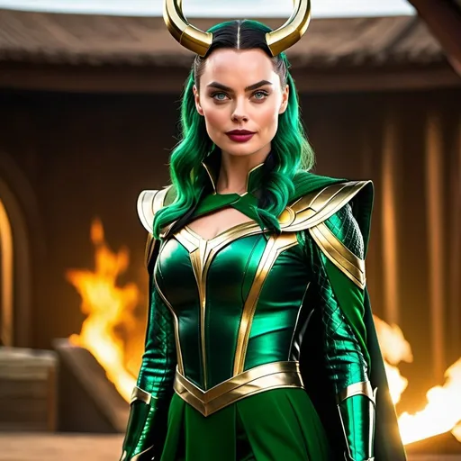 Prompt: High-resolution hyperrealistic photo of Margot Robbie as Female Loki uhd, hdr, 64k, Full Body. 
