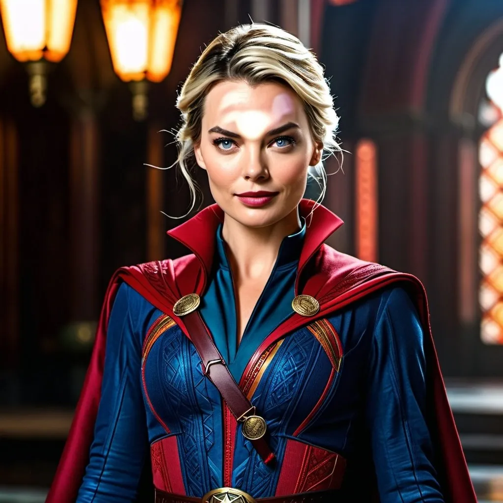 Prompt: High-resolution hyperrealistic photo of Margot Robbie as Female Doctor Strange uhd, hdr, 64k, Full Body. 
