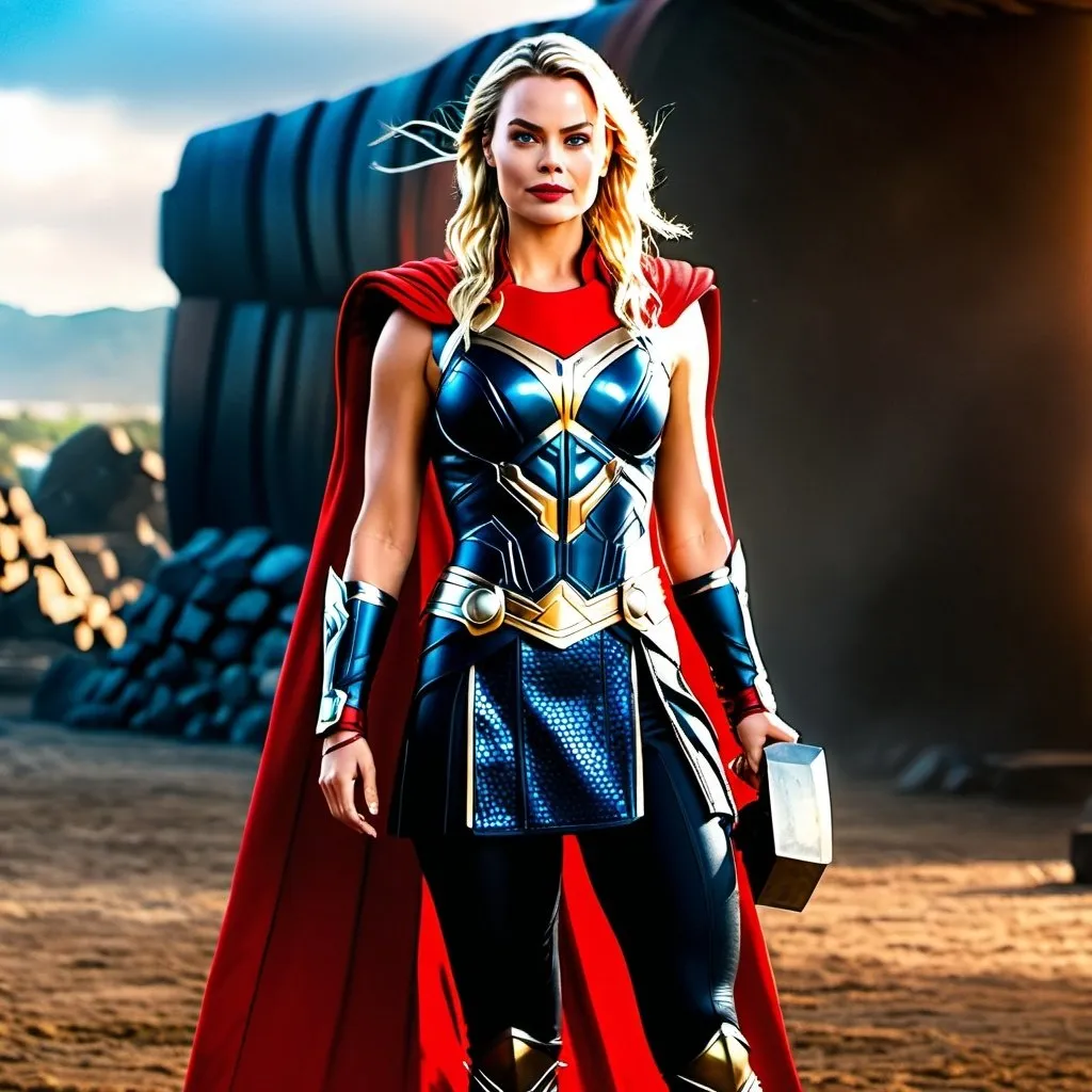 Prompt: High-resolution hyperrealistic photo of Margot Robbie as Female Thor uhd, hdr, 64k, Full Body. 
