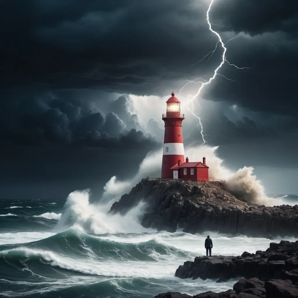 Prompt: (resolute lighthouse on a rocky cliff), (backside view of a lone man standing against the storm), (dramatic storm), (large, angry bolts of lightning hit the sea), (angry, turbulent clouds), (strong wind and rain), (dynamic lighting), nature's fury, sunlight breaking through the background, cinematic depth, intense atmosphere, high contrast, surreal elements reminiscent of the parting of the Red Sea, high quality, ultra-detailed, 4K.