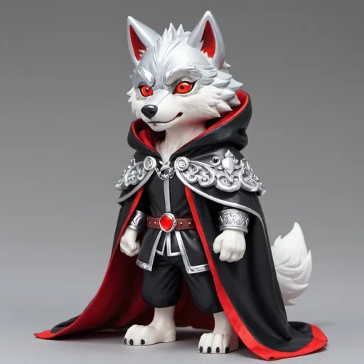 Prompt: Cartoon silver wolf with red eyes,wear a black cloak with a hood .  
