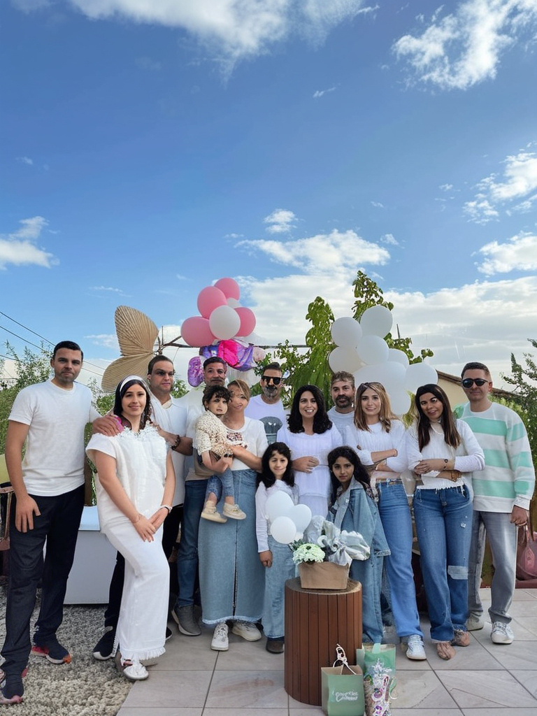 Prompt: a group of people standing next to each other on a patio with balloons and balloons in the air above them, Bouchta El Hayani, private press, hd shot, a photocopy