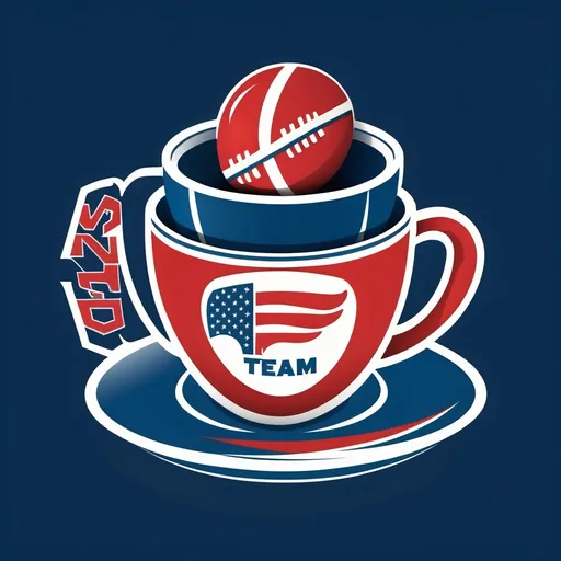 Prompt: American Football team logo, blue, white, red, include tea cup and football, team name: team Edelfran