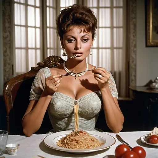 Prompt: a film still showing a young beautiful sophia loren, eating spaghetti with hands and a fork, intricate detailed dress, pearl necklace, large cornicione, smooth lighting, masterpiece, timeless, genious composition