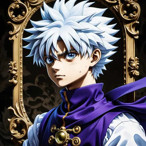 Prompt: realice a piece of art of killua zoldyck, a character from the anime hunter x hunter with baroque art