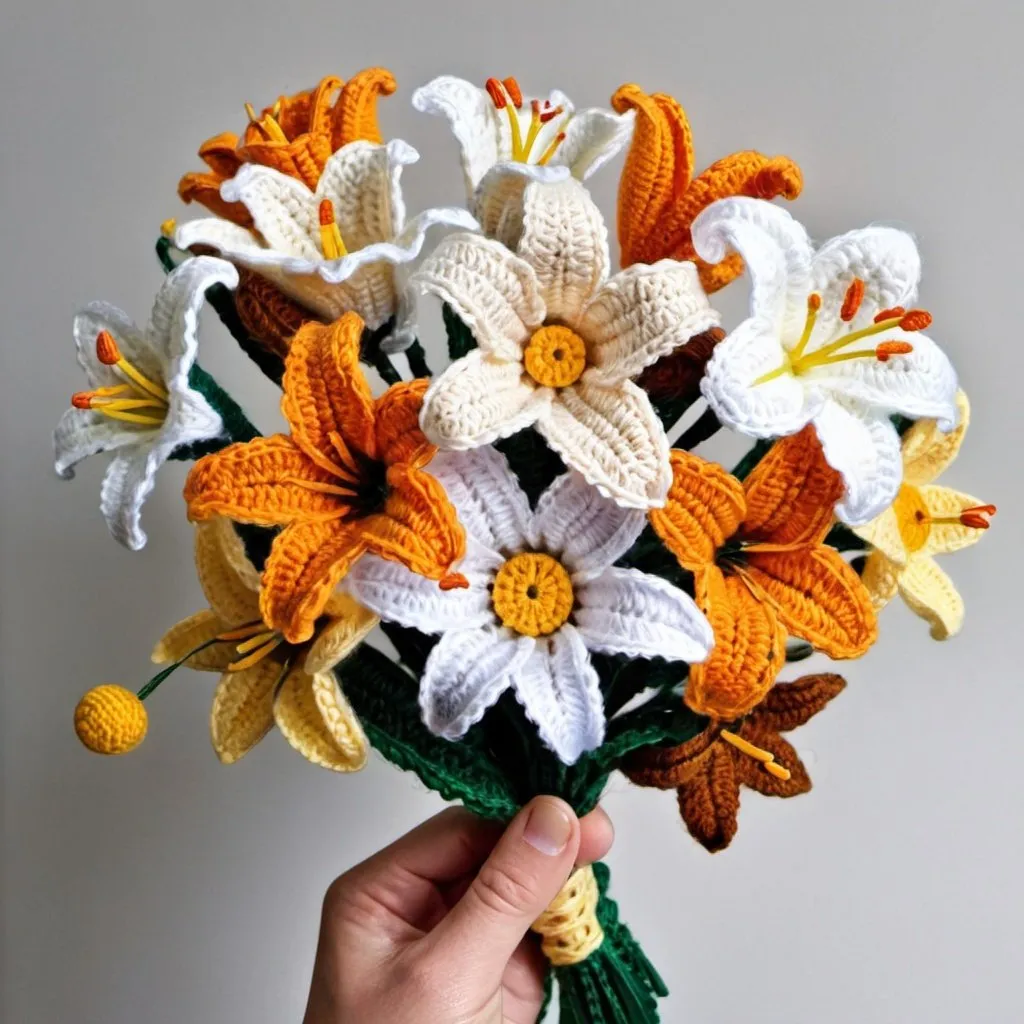 Prompt: lily and daisy crochet flower bouquet