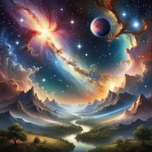 Prompt: "Create an image illustrating the biblical phrase "In the beginning, God created the heavens and the earth." The image should depict the vastness and beauty of the cosmos, with vibrant stars and galaxies representing the heavens, and a serene, lush landscape for the earth. The overall style should evoke a sense of awe and wonder at the divine act of creation.