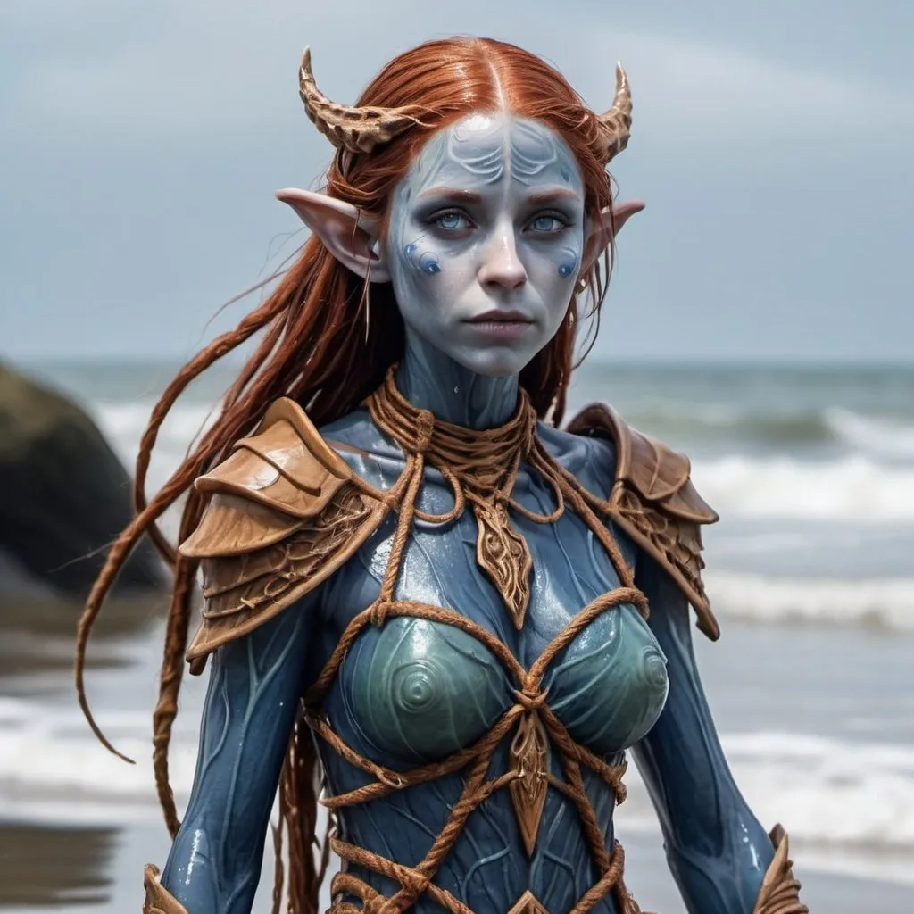 Prompt: A woof elf woman, coming out of the ocean with longer ears, auburn wet hair but with skin having a bluish hue with the veins almost crackling with dark blue arcane energy.

She has gills on her neck, her appearance looks amphibious and alien. She is wearing a dress weaved from a single strand of seawood and wooden armour.