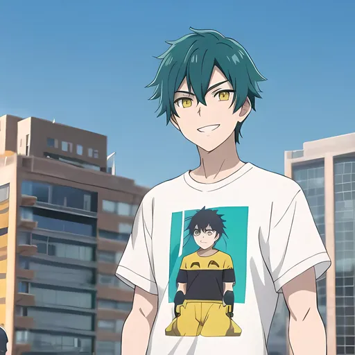 Prompt: Anime, boy, extremely fine details, face and torso, yellow eyes, beautiful, city background, sunlit from the front, dark t-shirt, teal hair, grinning
