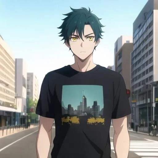 Prompt: Anime, boy, extremely fine details, face and torso, yellow eyes, beautiful, city background, sunlit from the front, dark t-shirt, dark teal hair