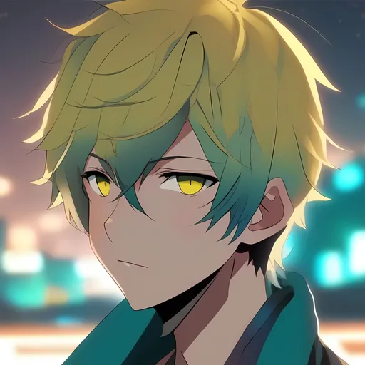 Prompt: Anime boy with short teal hair, yellow eyes, a scar on his lip, consistent lighting and mood throughout