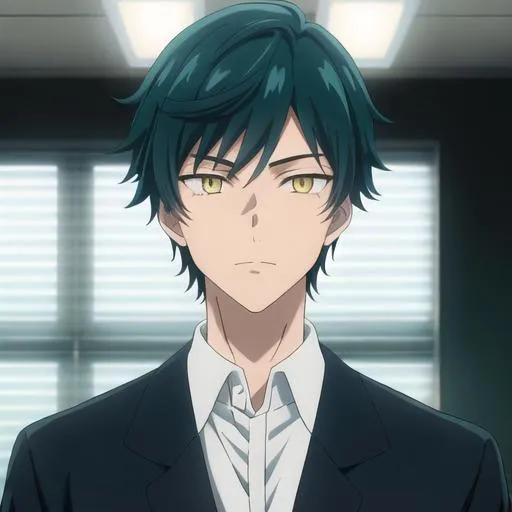 Prompt: Detailed anime illustration of a teenage boy with short dark teal hair, wearing a school uniform, classic style, detailed eyes, highres, elegant, soft lighting, school setting, teal hair, yellow eyes, facial scar, high quality, anime, detailed, soft lighting