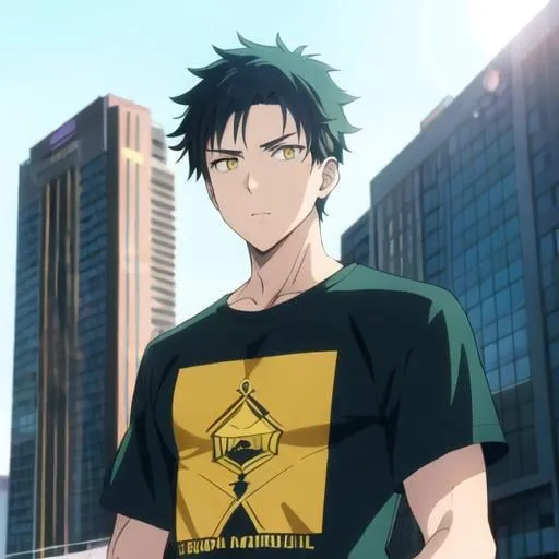 Prompt: Anime, boy, extremely fine details, face and torso, yellow eyes, beautiful, city background, sunlit from the front, dark t-shirt, dark teal hair