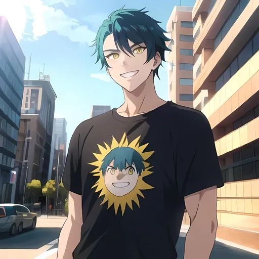 Prompt: Anime, boy, extremely fine details, face and torso, yellow eyes, beautiful, city background, sunlit from the front, dark t-shirt, teal hair, grinning