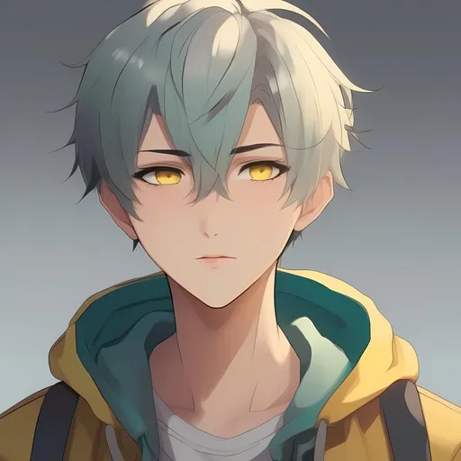 Prompt: Anime boy with short teal hair, yellow eyes, and a lip scar, consistent lighting and mood throughout