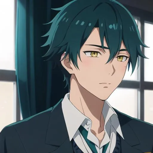 Prompt: Detailed anime illustration of a teenage boy with short dark teal hair, wearing a school uniform, classic style, detailed eyes, highres, elegant, soft lighting, school setting, teal hair, yellow eyes, mouth scar, high quality, anime, detailed, soft lighting