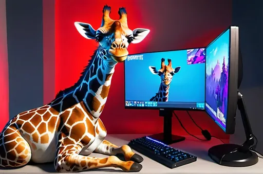 Prompt: a giraffe playing fortnite on a pc with a headset on with red and blue led lights on 