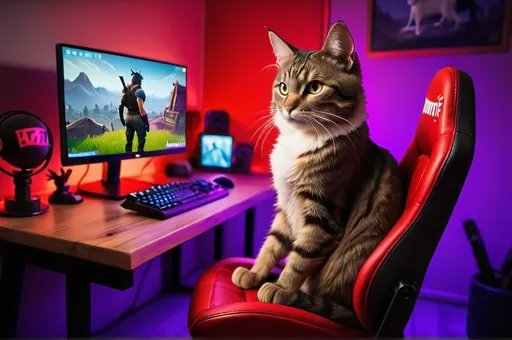 Prompt: a cat playing fortnite on a pc with red led lights on 