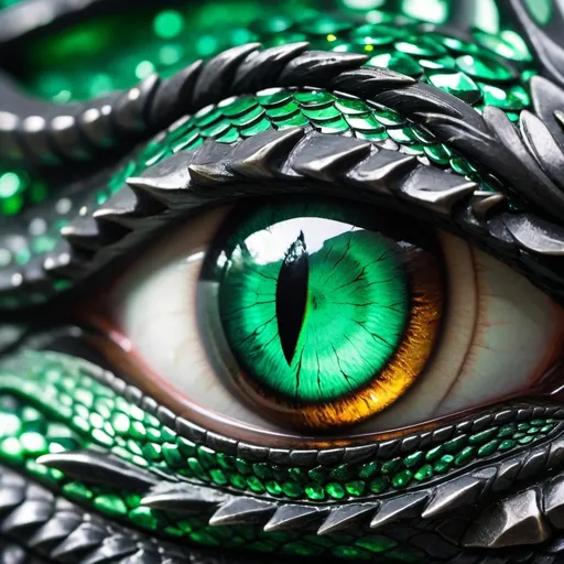 Prompt: Close up of a dragon's eye. It is emerald green. The scales are matt black with the occasional highlight of emerald green. The eye looks hostile