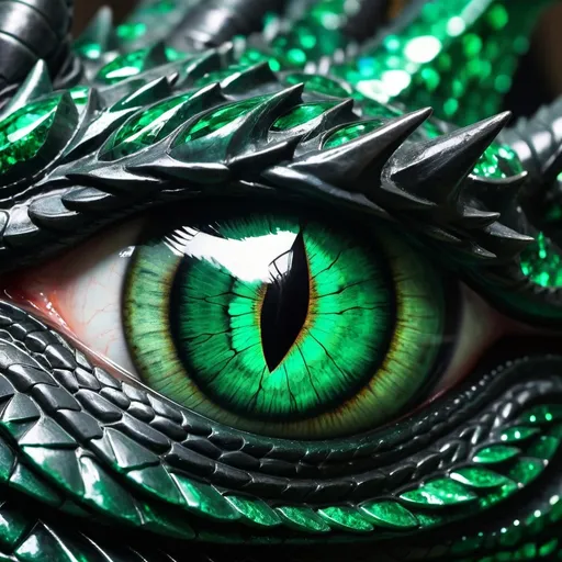 Prompt: Close up of a dragon's eye. It is emerald green. The scales are matt black with the occasional highlight of emerald green. The eye looks kind of hostile