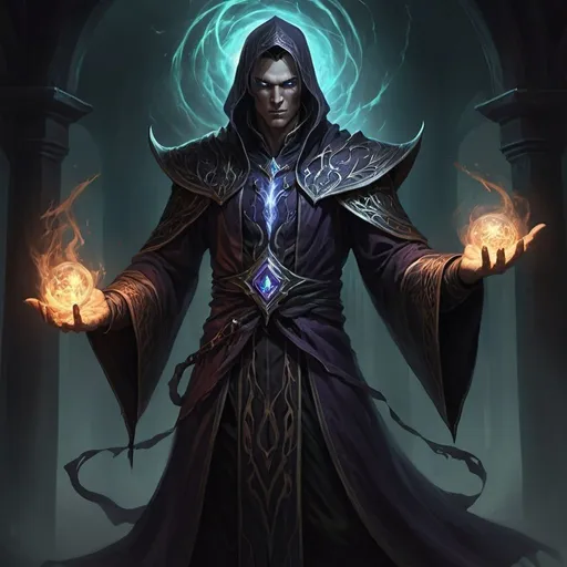 Prompt:  a shadow elf warlock, stands as a testament to the melding of darkness and arcane power. His once-pale features are now touched by a haunting pallor, contrasted by eyes that gleam with an eerie luminescence. Dark veins trace beneath his skin, echoing the corruption that courses through his being. Clad in robes that seem to absorb light, he moves with an otherworldly grace, his every gesture imbued with the weight of shadows. A spectral familiar, bound to him by eldritch pact, hovers at his side, its form shifting and twisting in tandem with his own. Despite the darkness that cloaks him, Thalindor's gaze burns with an intense determination, a reflection of his unyielding pursuit of arcane mastery amidst the shadows.
